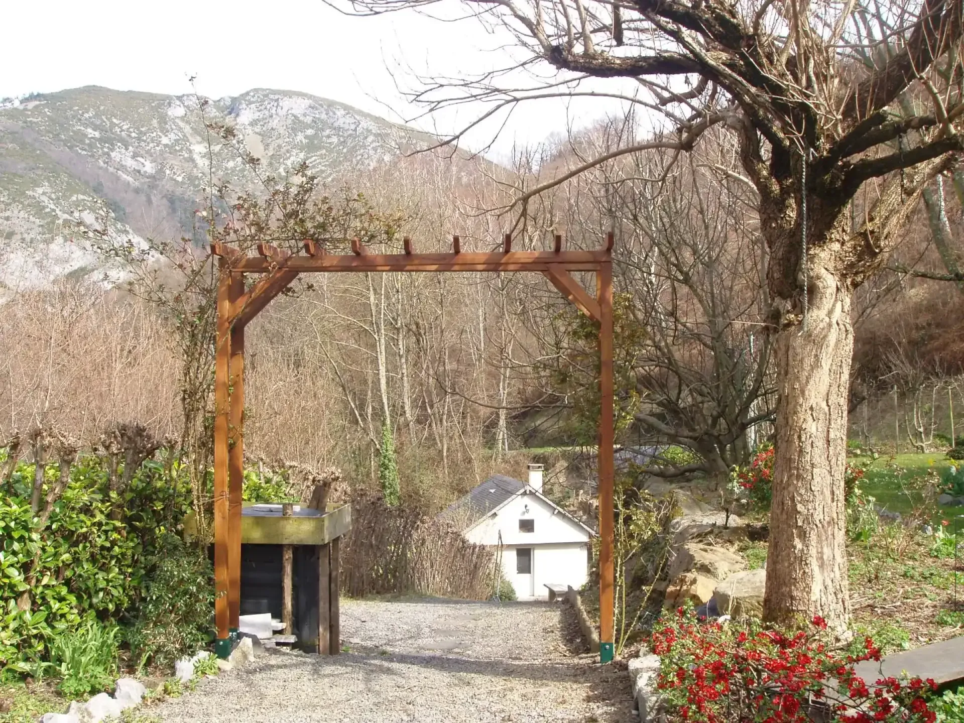 Pergola en bois au-dessus d’un chemin gravillonné dans un jardin arboré